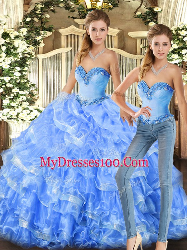 Baby Blue and Light Blue Two Pieces Organza Sweetheart Sleeveless Beading and Ruffles Floor Length Lace Up Quinceanera Gowns