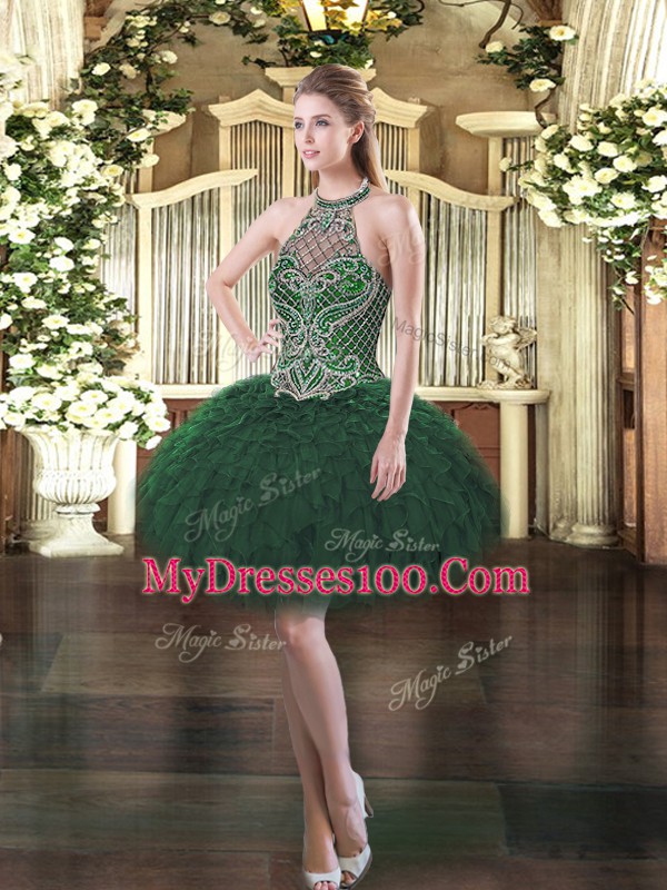 Dark Green Party Dress Prom and Party with Beading and Ruffles Halter Top Sleeveless Lace Up