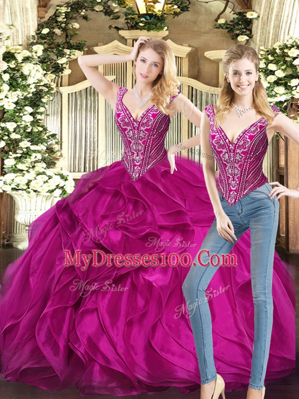 Fuchsia V-neck Lace Up Ruffles Quinceanera Dress Sleeveless