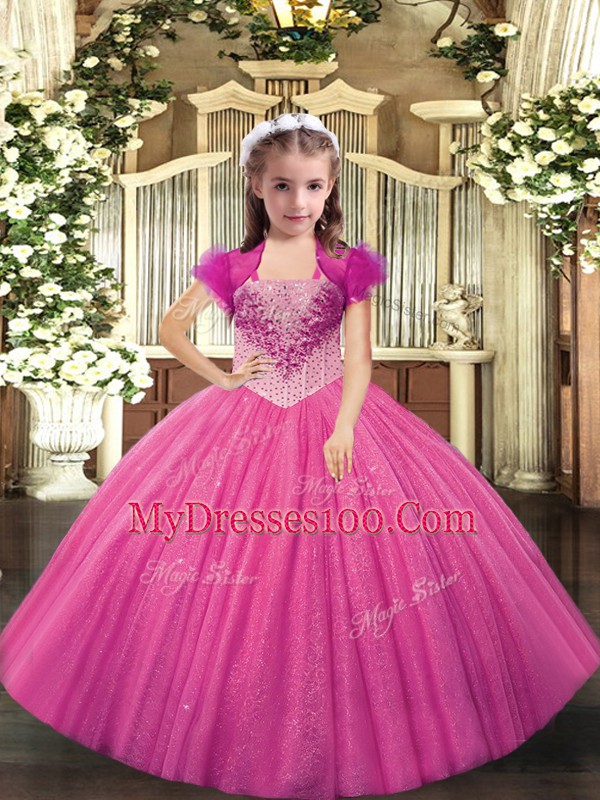 Custom Made Ball Gowns Little Girl Pageant Gowns Hot Pink Straps Tulle Sleeveless Lace Up