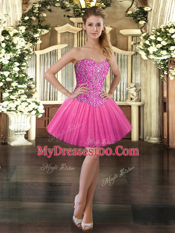 Sleeveless Mini Length Beading Lace Up Evening Dress with Hot Pink