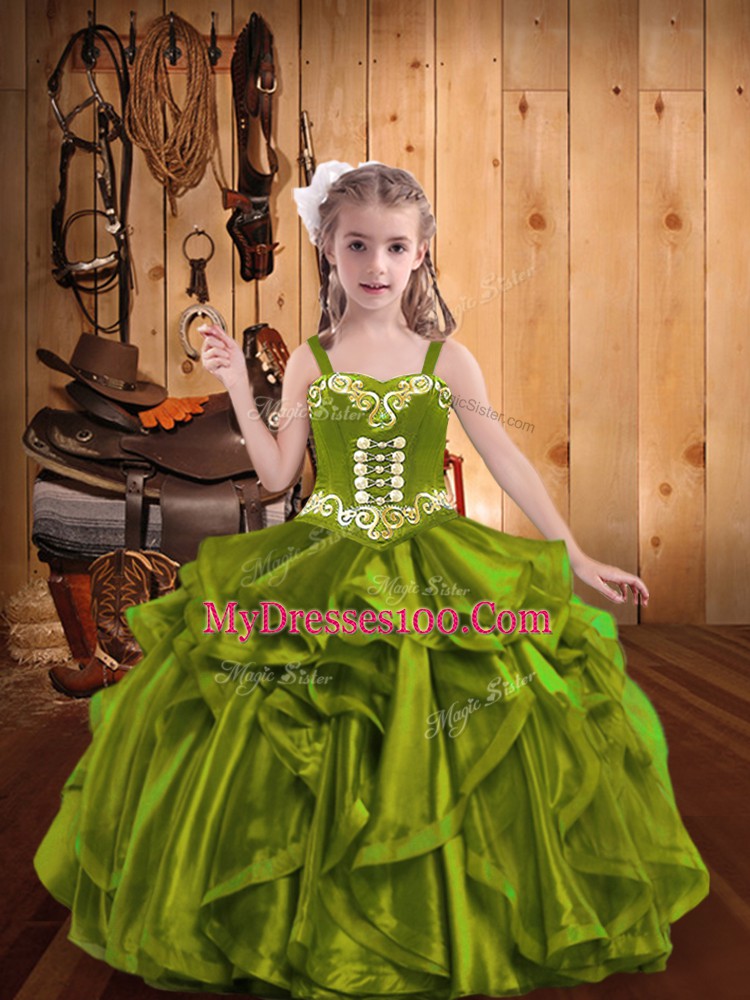 Olive Green Straps Lace Up Embroidery and Ruffles Glitz Pageant Dress Sleeveless