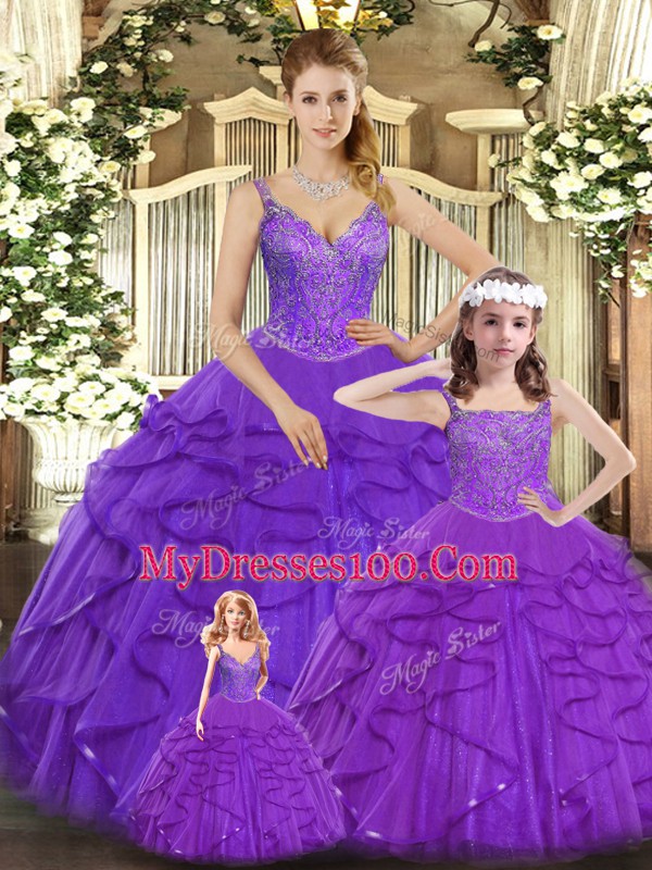 Sleeveless Beading and Ruffles Lace Up Quince Ball Gowns