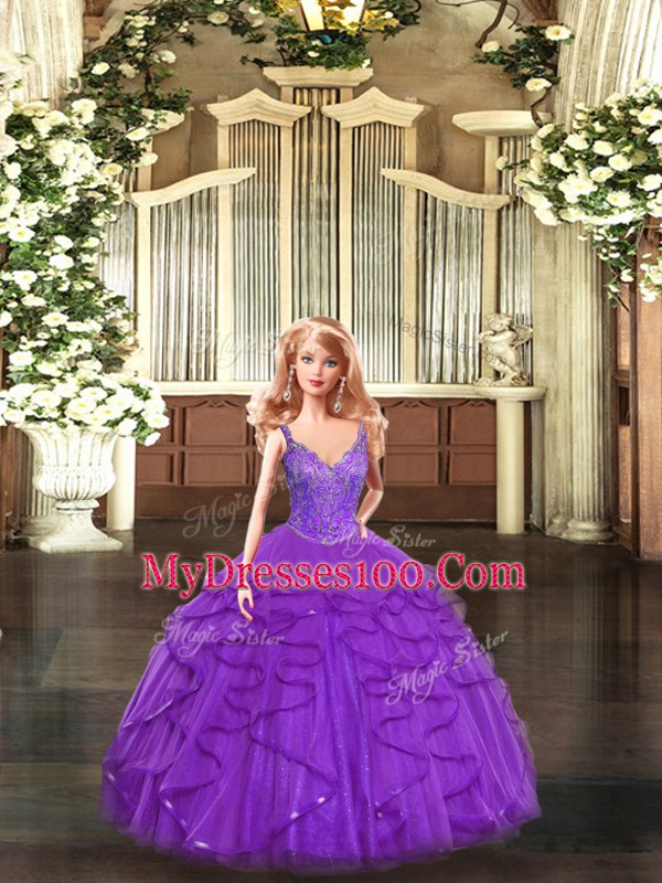 Sleeveless Beading and Ruffles Lace Up Quince Ball Gowns