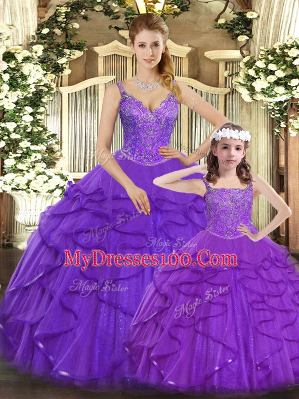 Sleeveless Beading and Ruffles Lace Up Quince Ball Gowns