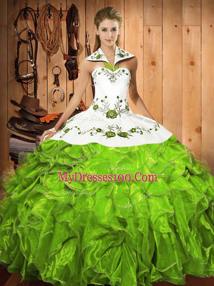 Sleeveless Lace Up Floor Length Embroidery and Ruffles Quinceanera Dresses