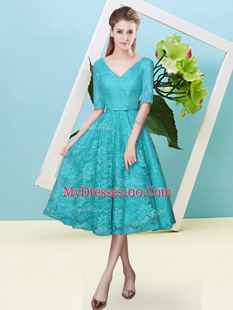 Half Sleeves Tea Length Bowknot Lace Up Dama Dress for Quinceanera with Teal