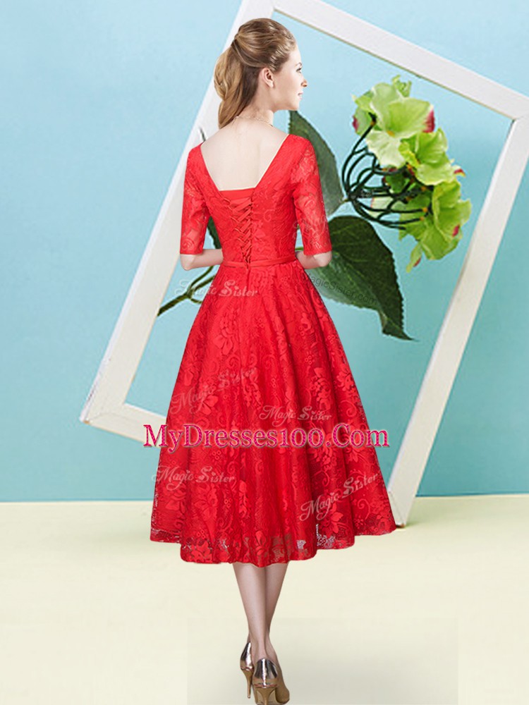 Half Sleeves Tea Length Bowknot Lace Up Dama Dress for Quinceanera with Teal