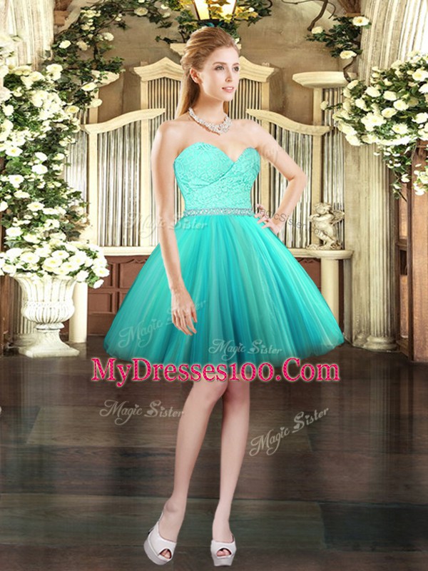 Stylish Aqua Blue Juniors Party Dress Prom and Party with Beading and Lace Sweetheart Sleeveless Lace Up