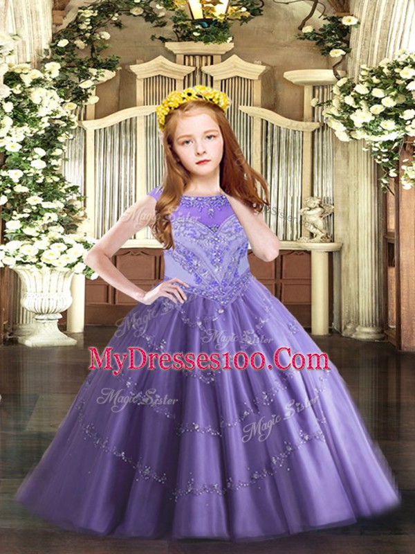 Stunning Scoop Sleeveless Tulle Little Girls Pageant Dress Beading and Appliques Zipper