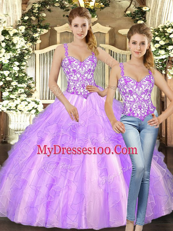 Simple Lilac Straps Lace Up Beading and Ruffles Sweet 16 Dresses Sleeveless