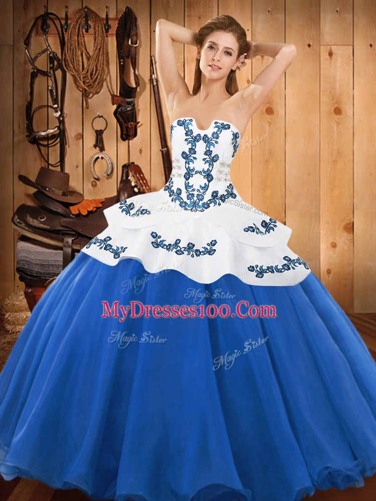 Dynamic Floor Length Blue Sweet 16 Dresses Strapless Sleeveless Lace Up