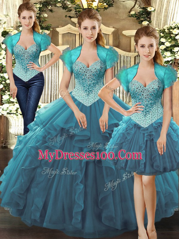 Beading and Ruffles Quinceanera Dresses Teal Lace Up Sleeveless Floor Length