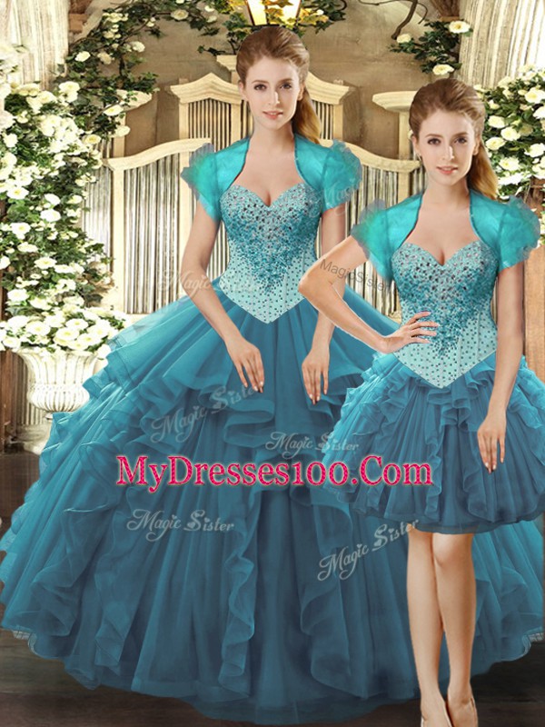 Beading and Ruffles Quinceanera Dresses Teal Lace Up Sleeveless Floor Length