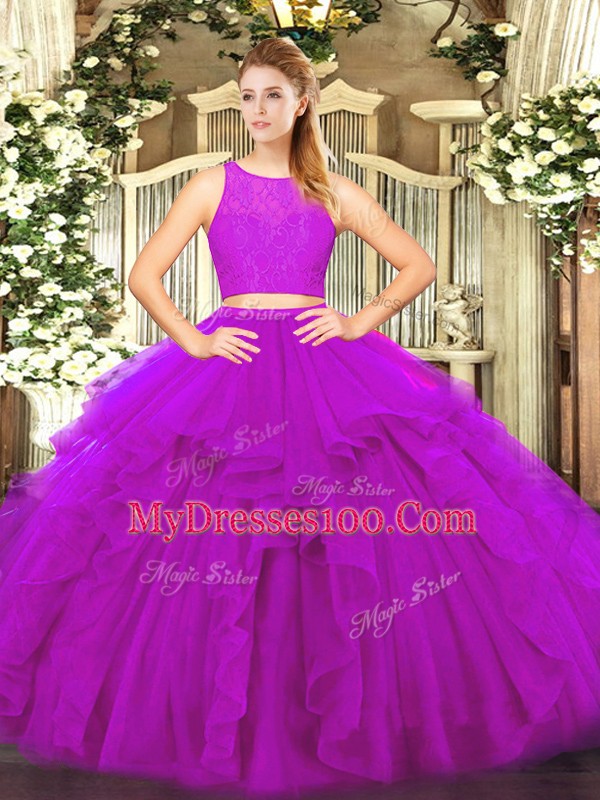 Two Pieces Quinceanera Dresses Fuchsia Scoop Tulle Sleeveless Floor Length Zipper