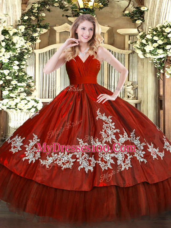 Ball Gowns 15 Quinceanera Dress Wine Red V-neck Satin and Tulle Sleeveless Floor Length Zipper