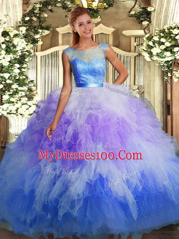 Attractive Multi-color Scoop Neckline Lace and Ruffles Quinceanera Dresses Sleeveless Backless