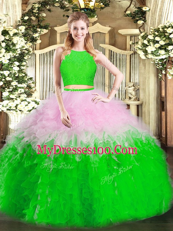 Custom Design Scoop Sleeveless Zipper Quinceanera Dresses Multi-color Tulle