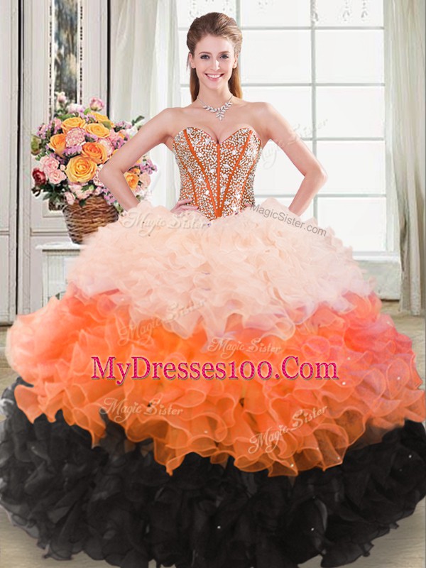 Multi-color Sleeveless Beading and Ruffles Floor Length Quinceanera Dress