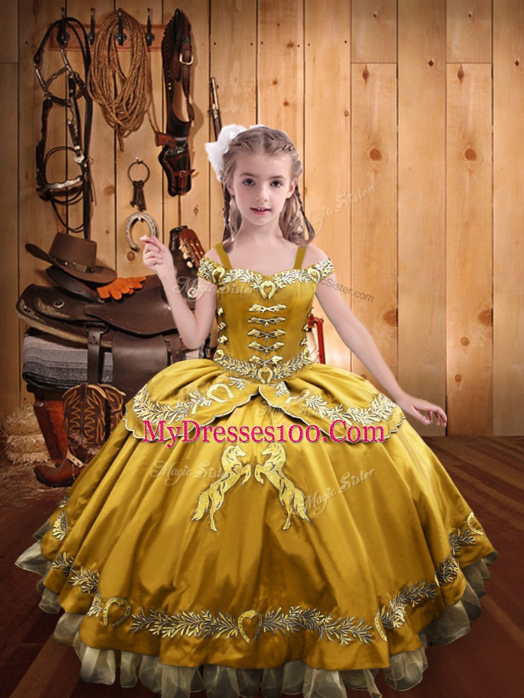 Gold Ball Gowns Satin Off The Shoulder Sleeveless Beading and Embroidery Floor Length Lace Up Pageant Gowns For Girls
