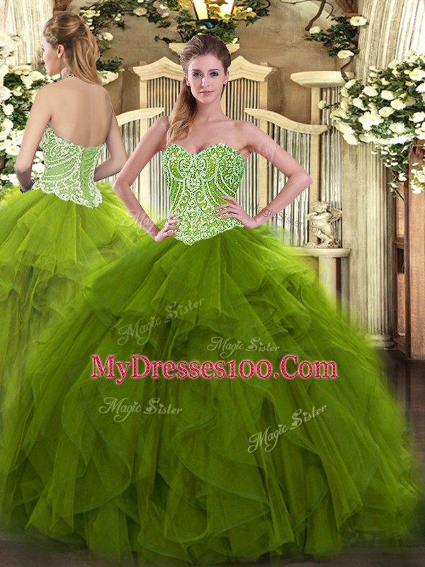 Luxurious Floor Length Ball Gowns Sleeveless Olive Green Quinceanera Gowns Lace Up