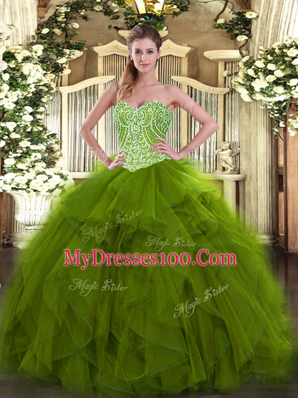 Luxurious Floor Length Ball Gowns Sleeveless Olive Green Quinceanera Gowns Lace Up