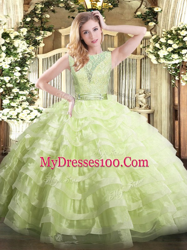 Ball Gowns Sweet 16 Dress Yellow Green Scoop Organza Sleeveless Floor Length Backless
