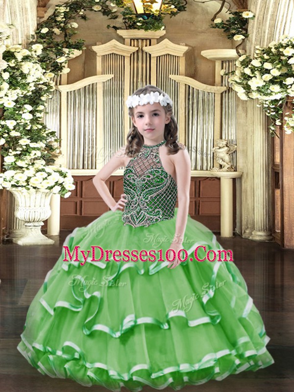Trendy Green Organza Lace Up Pageant Dress Womens Sleeveless Floor Length Beading and Ruffled Layers