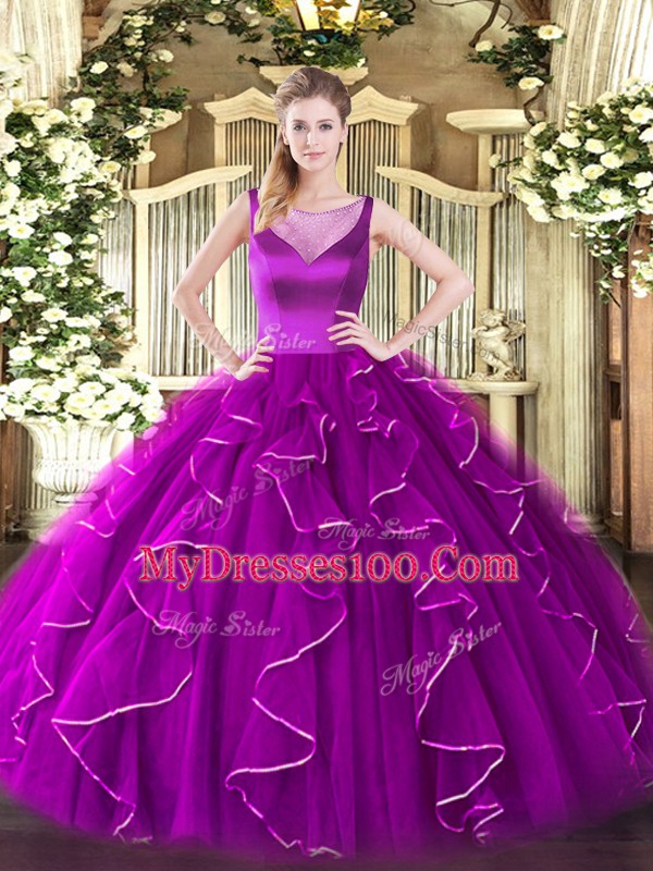 Lovely Ball Gowns Quinceanera Gown Fuchsia Scoop Organza Sleeveless Floor Length Side Zipper