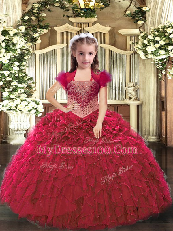Stylish Sleeveless Organza Floor Length Lace Up Little Girl Pageant Gowns in Red with Beading and Ruffles