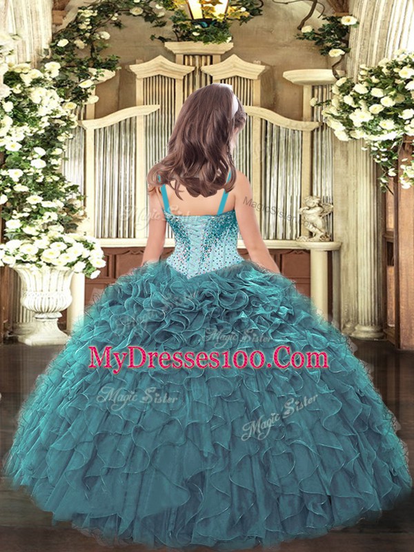 Stylish Sleeveless Organza Floor Length Lace Up Little Girl Pageant Gowns in Red with Beading and Ruffles