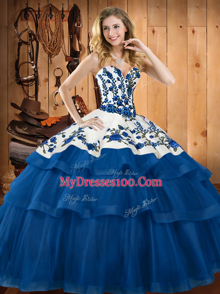 Perfect Sweetheart Sleeveless 15th Birthday Dress Sweep Train Embroidery Blue Organza