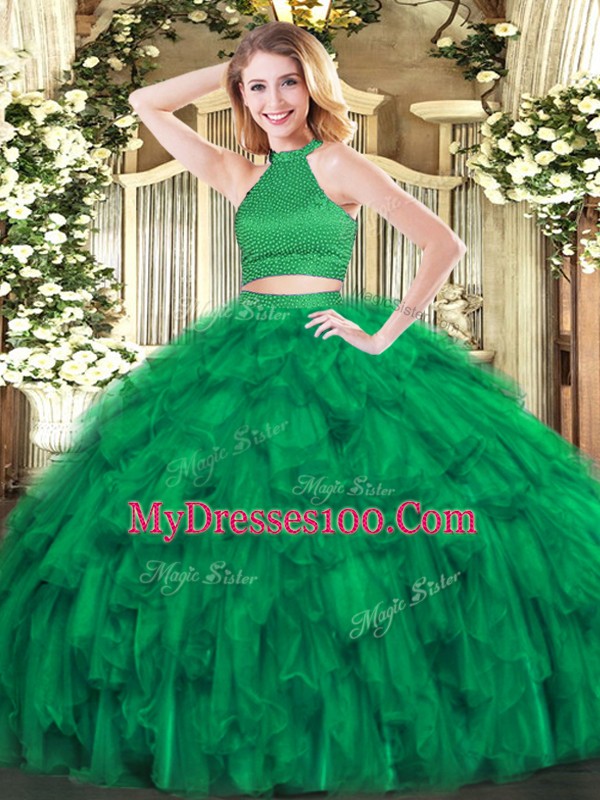 Green Sleeveless Floor Length Beading and Ruffles Backless Quince Ball Gowns