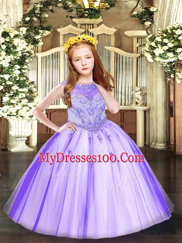 Customized Tulle Sleeveless Floor Length Pageant Dress Toddler and Beading and Appliques