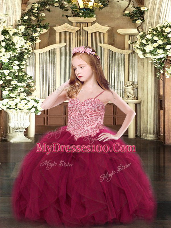 Gorgeous Spaghetti Straps Sleeveless Little Girls Pageant Gowns Floor Length Appliques and Ruffles Wine Red Tulle