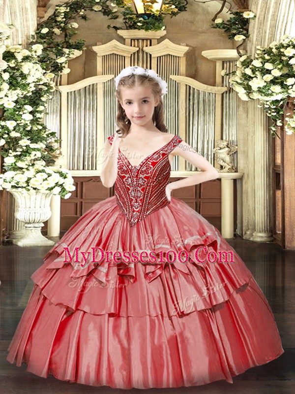 Sleeveless Lace Up Floor Length Beading and Ruffled Layers Girls Pageant Dresses