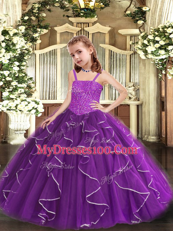 Superior Straps Sleeveless Little Girl Pageant Gowns Floor Length Beading and Ruffles Purple Organza