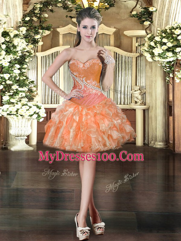 Beading and Ruffles Orange Lace Up Sleeveless Mini Length
