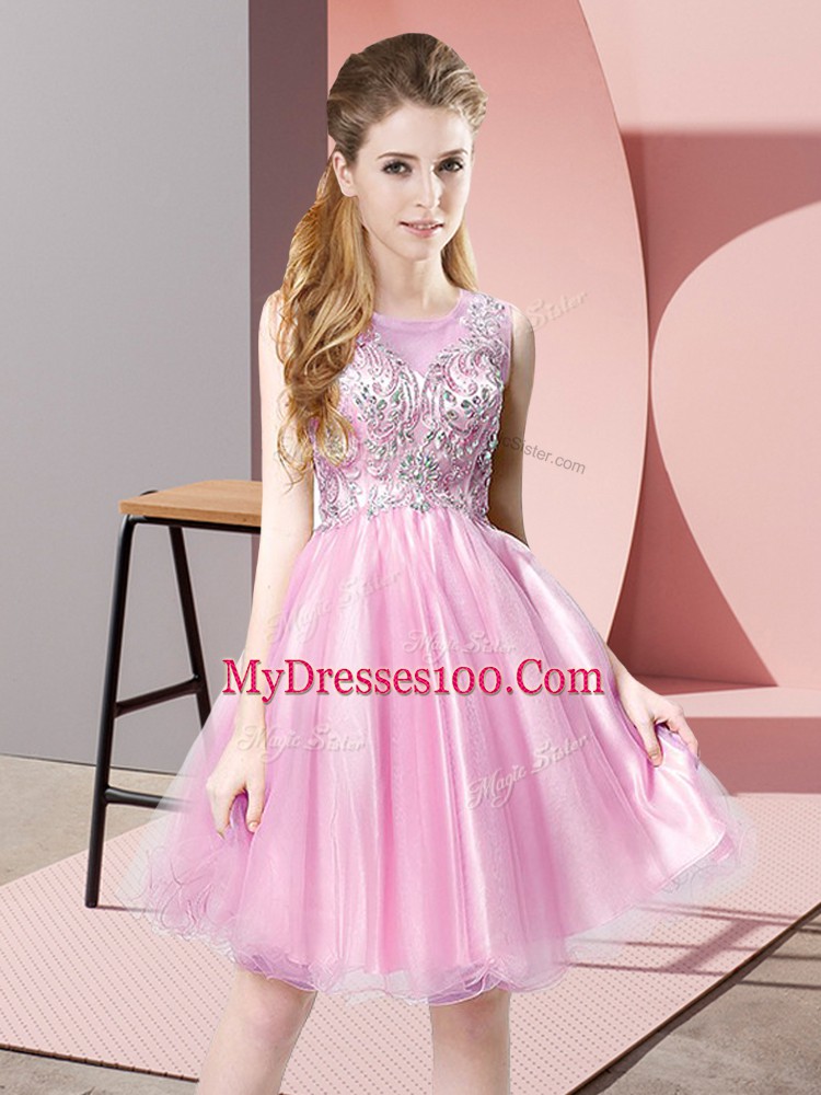 Shining Scoop Sleeveless Zipper Homecoming Dress Rose Pink Tulle