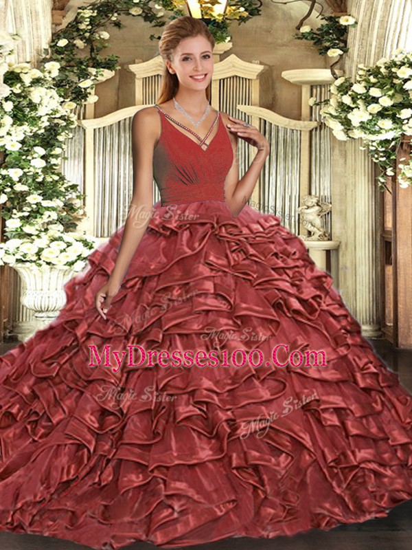 Exceptional Rust Red V-neck Backless Ruffles Sweet 16 Dresses Sweep Train Sleeveless