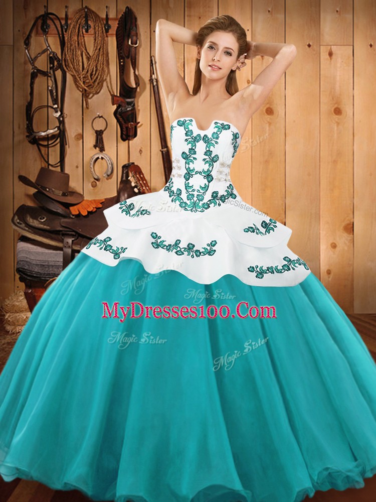 Ideal Satin and Organza Strapless Sleeveless Lace Up Embroidery Quinceanera Dresses in Teal