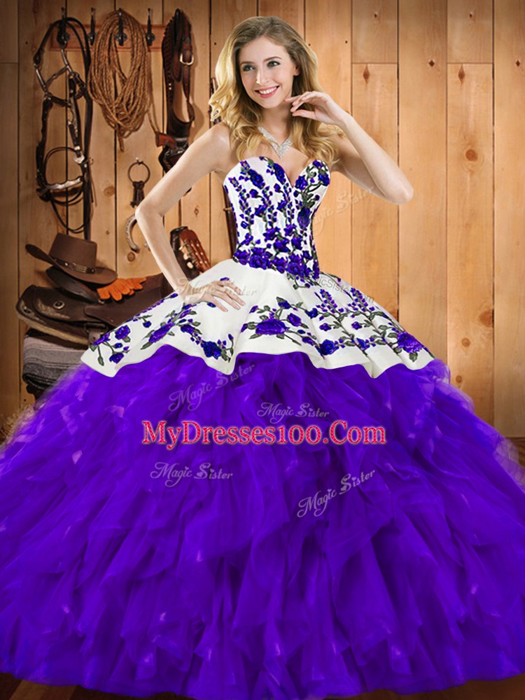 Sweetheart Sleeveless 15th Birthday Dress Floor Length Embroidery and Ruffles Purple Satin and Organza