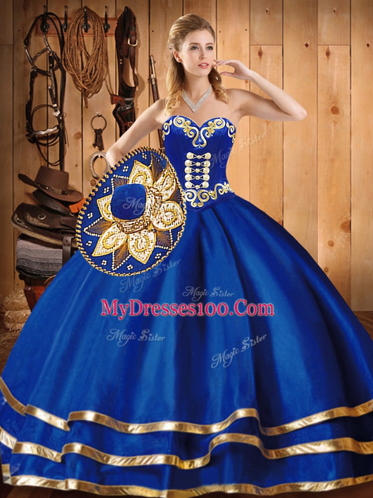Lovely Blue Ball Gown Prom Dress Military Ball and Sweet 16 and Quinceanera with Embroidery Sweetheart Sleeveless Lace Up
