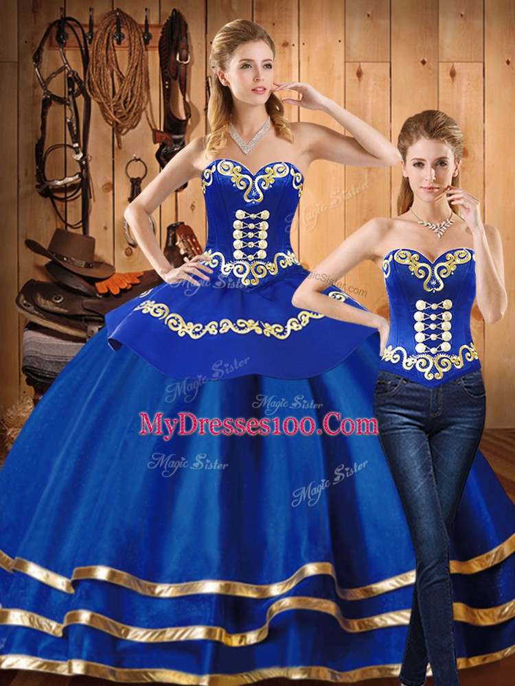 New Arrival Blue Ball Gowns Sweetheart Long Sleeves Satin and Tulle Floor Length Lace Up Embroidery 15th Birthday Dress
