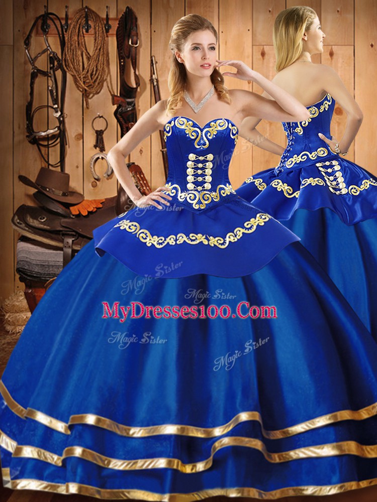 New Arrival Blue Ball Gowns Sweetheart Long Sleeves Satin and Tulle Floor Length Lace Up Embroidery 15th Birthday Dress