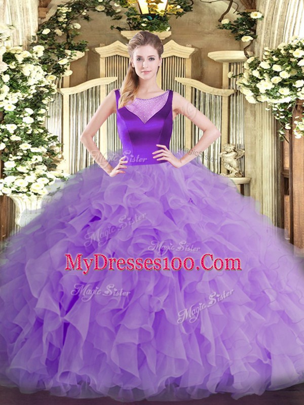Custom Designed Floor Length Lavender Sweet 16 Quinceanera Dress Organza Sleeveless Beading and Ruffles