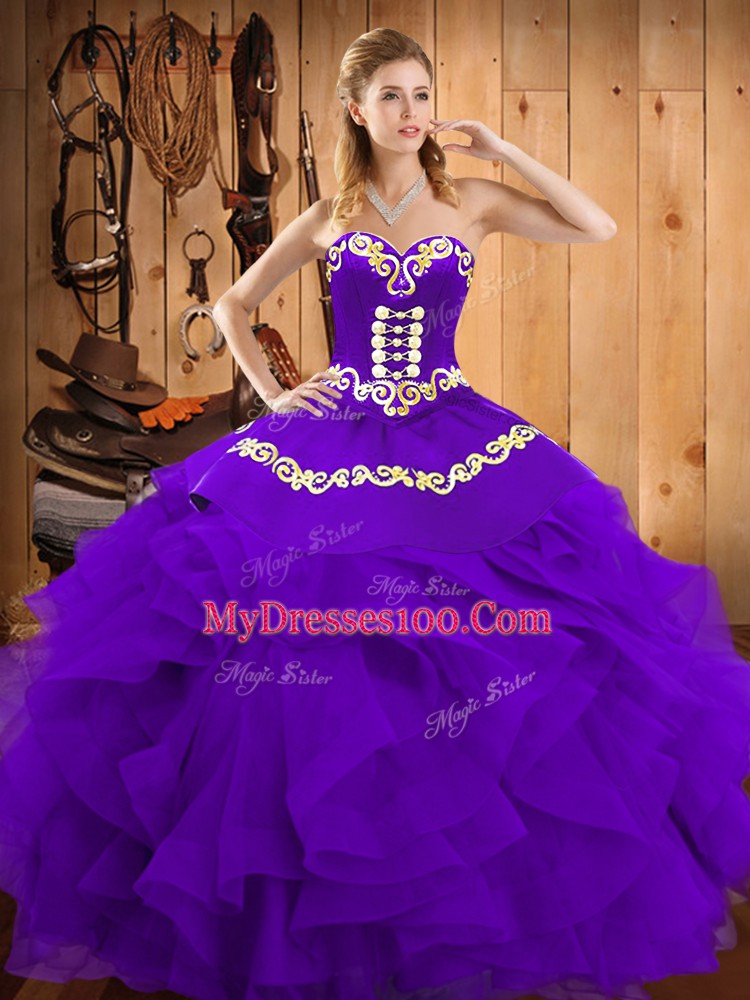 Sweetheart Sleeveless Satin and Organza Vestidos de Quinceanera Embroidery and Ruffles Lace Up