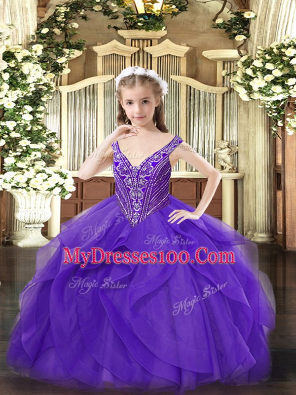 Ball Gowns Girls Pageant Dresses Eggplant Purple V-neck Tulle Sleeveless Floor Length Zipper