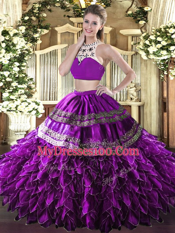 High-neck Sleeveless Tulle Sweet 16 Dresses Beading and Ruffles Backless