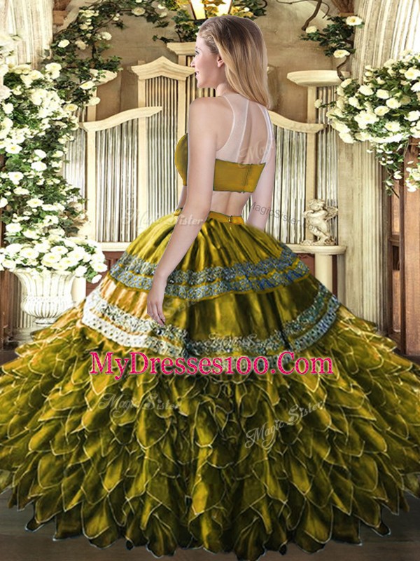 High-neck Sleeveless Tulle Sweet 16 Dresses Beading and Ruffles Backless